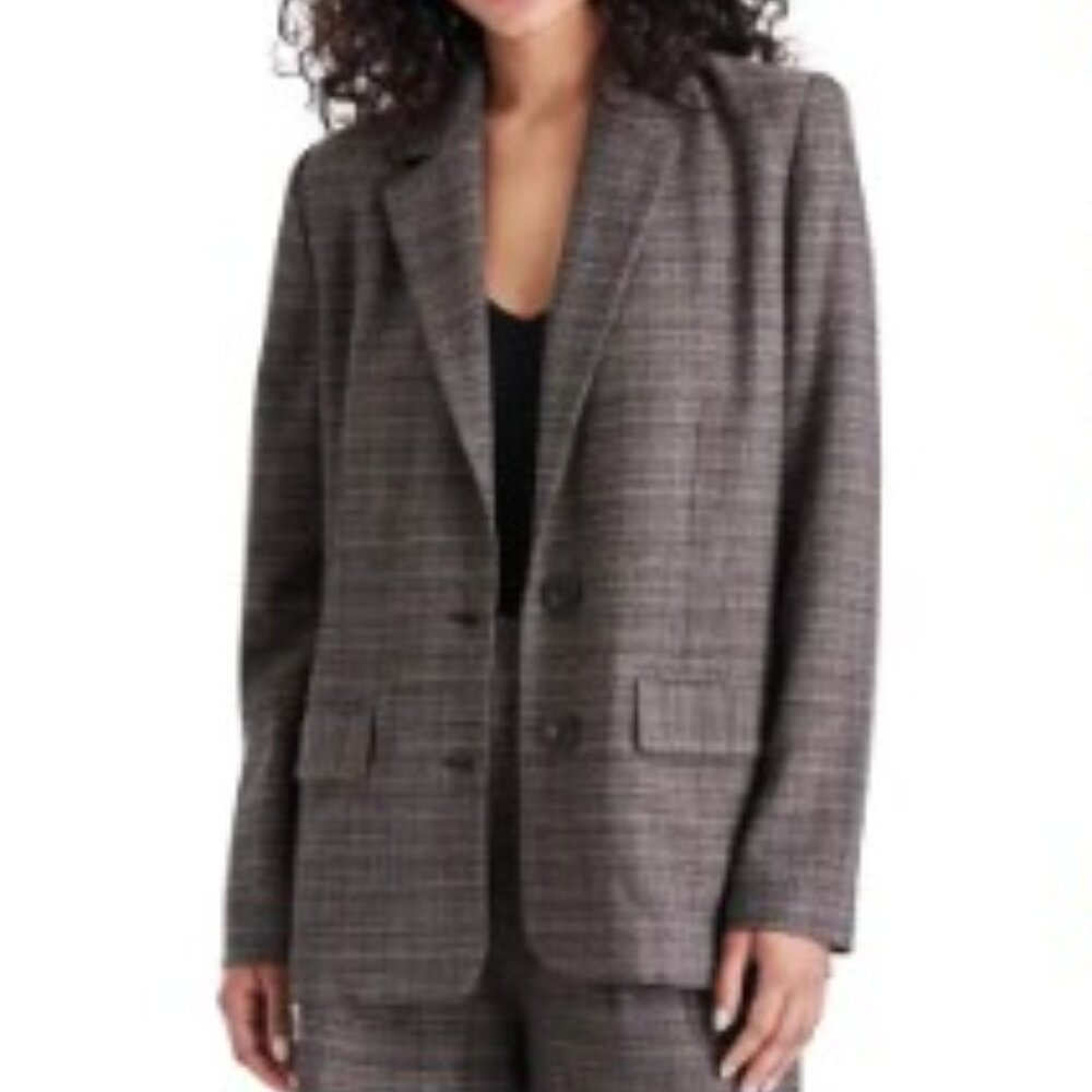 Steve Madden Plaid Boyfriend Blazer, Grey Tweed, Size S